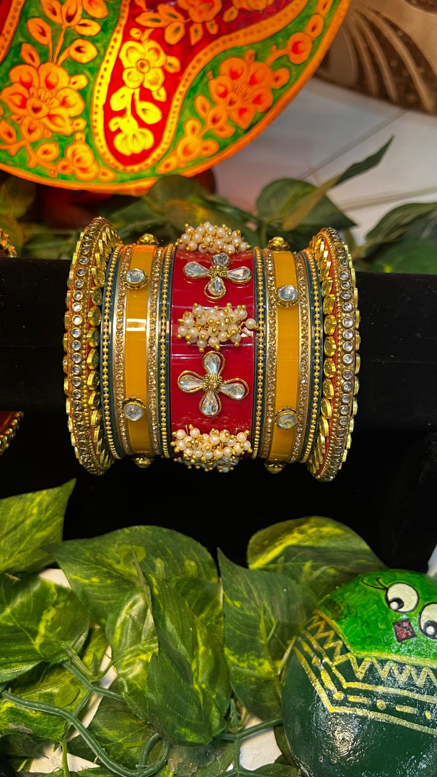 Rajwadi Bridal Churah Set – Red & Gold Wedding Chura with Kundan Work