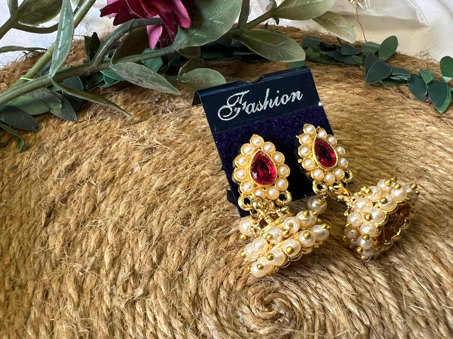 Buy Red Stone Pearl Jhumka Earrings Traditional for Women Pakistan