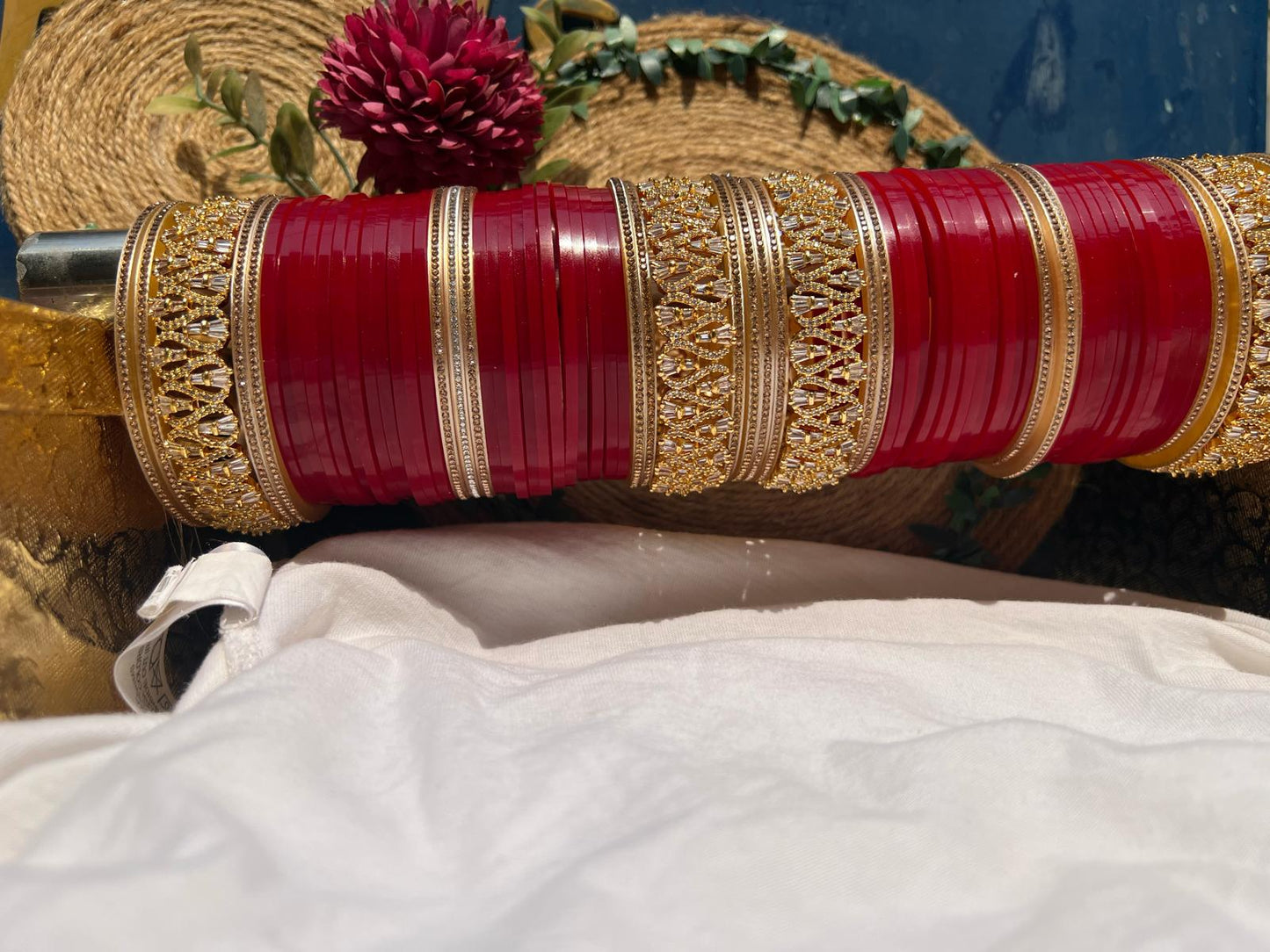 Traditional Red Punjabi Bridal Chura Set with Gold Kundan Work