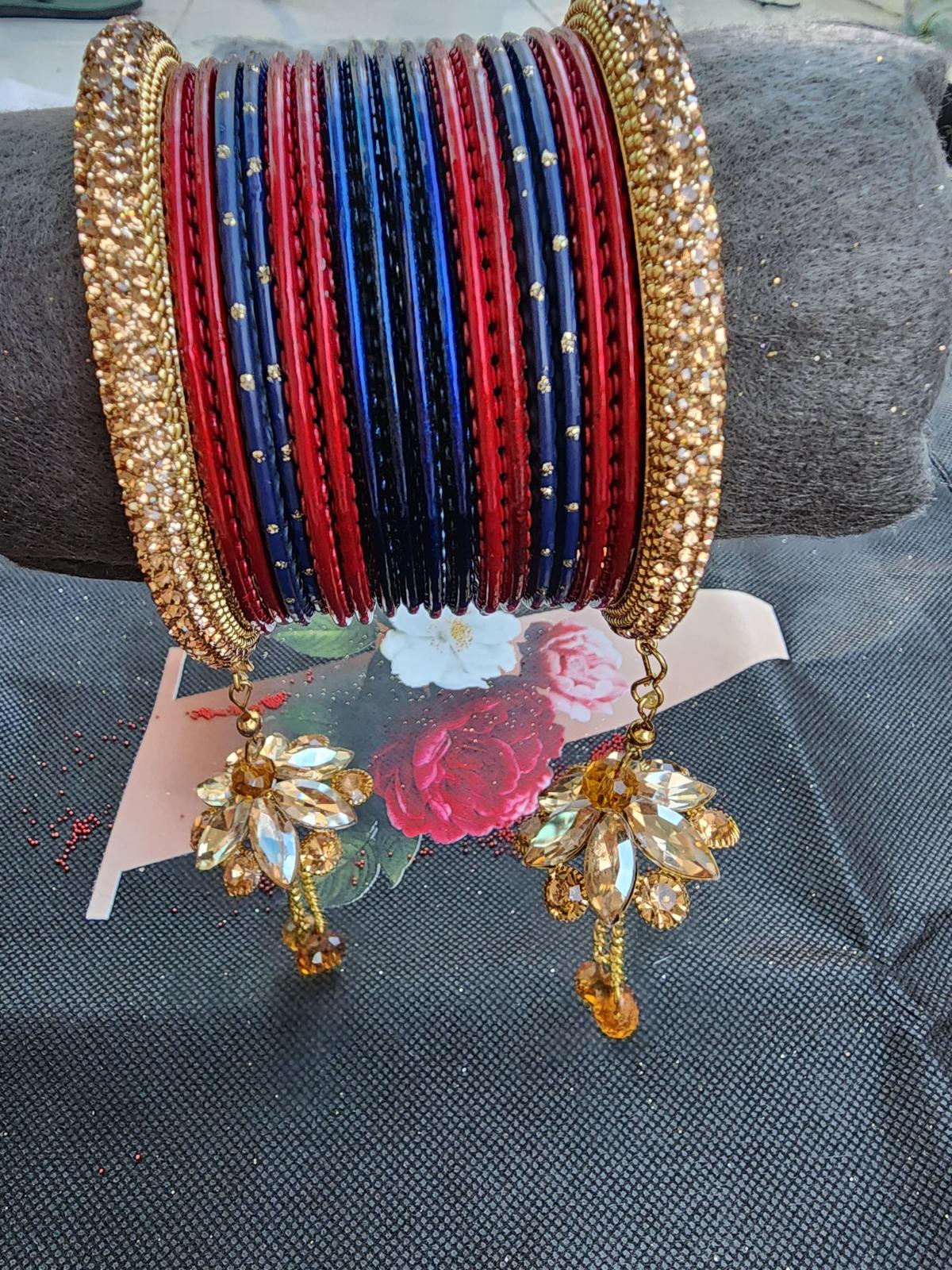 Red Blue Bridal Bangles Set with Latkan