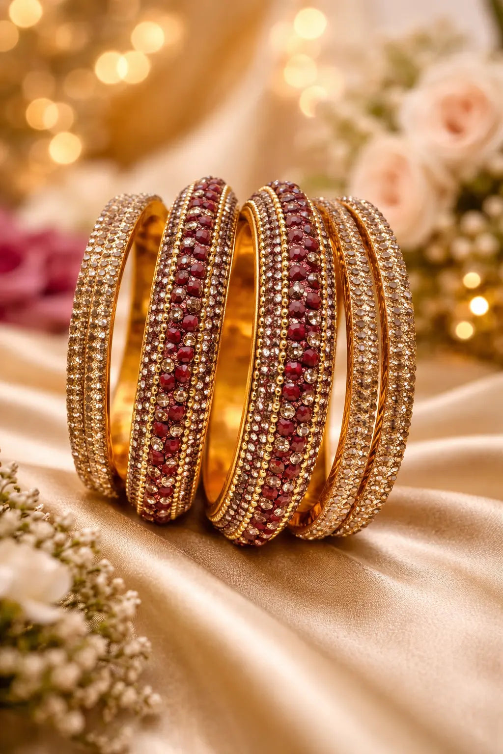 Brown crystal kundan kara set featuring gold-toned bangles with red and champagne stones, designed for women