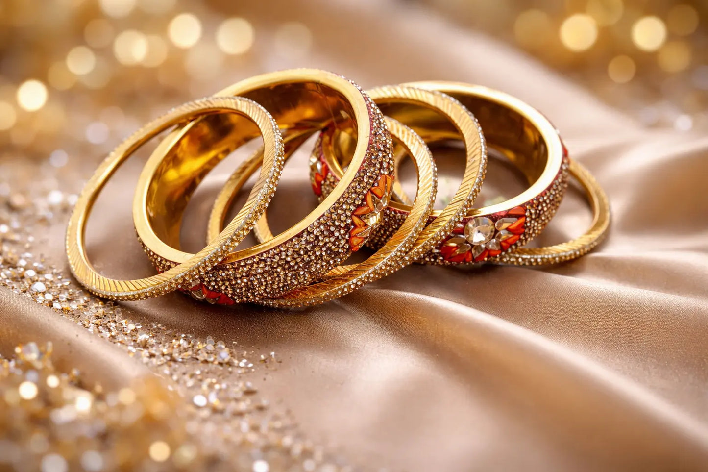 Gold bridal kara set with red stones and intricate detailing