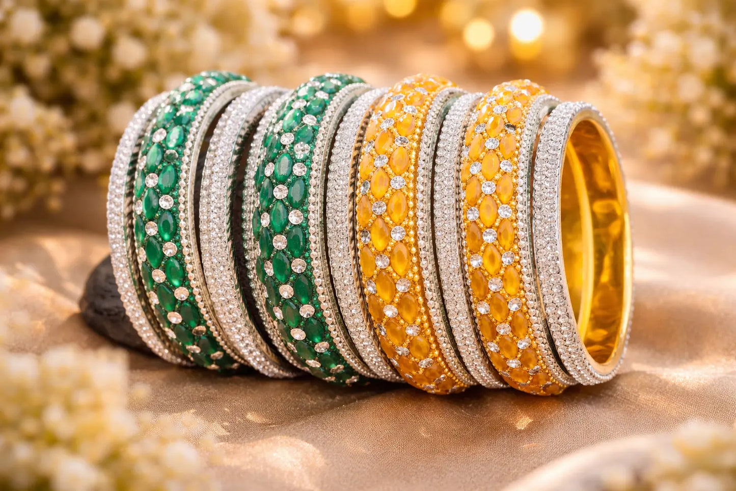 Green and yellow stone Kundan kara set with gold finish and crystal detailing
