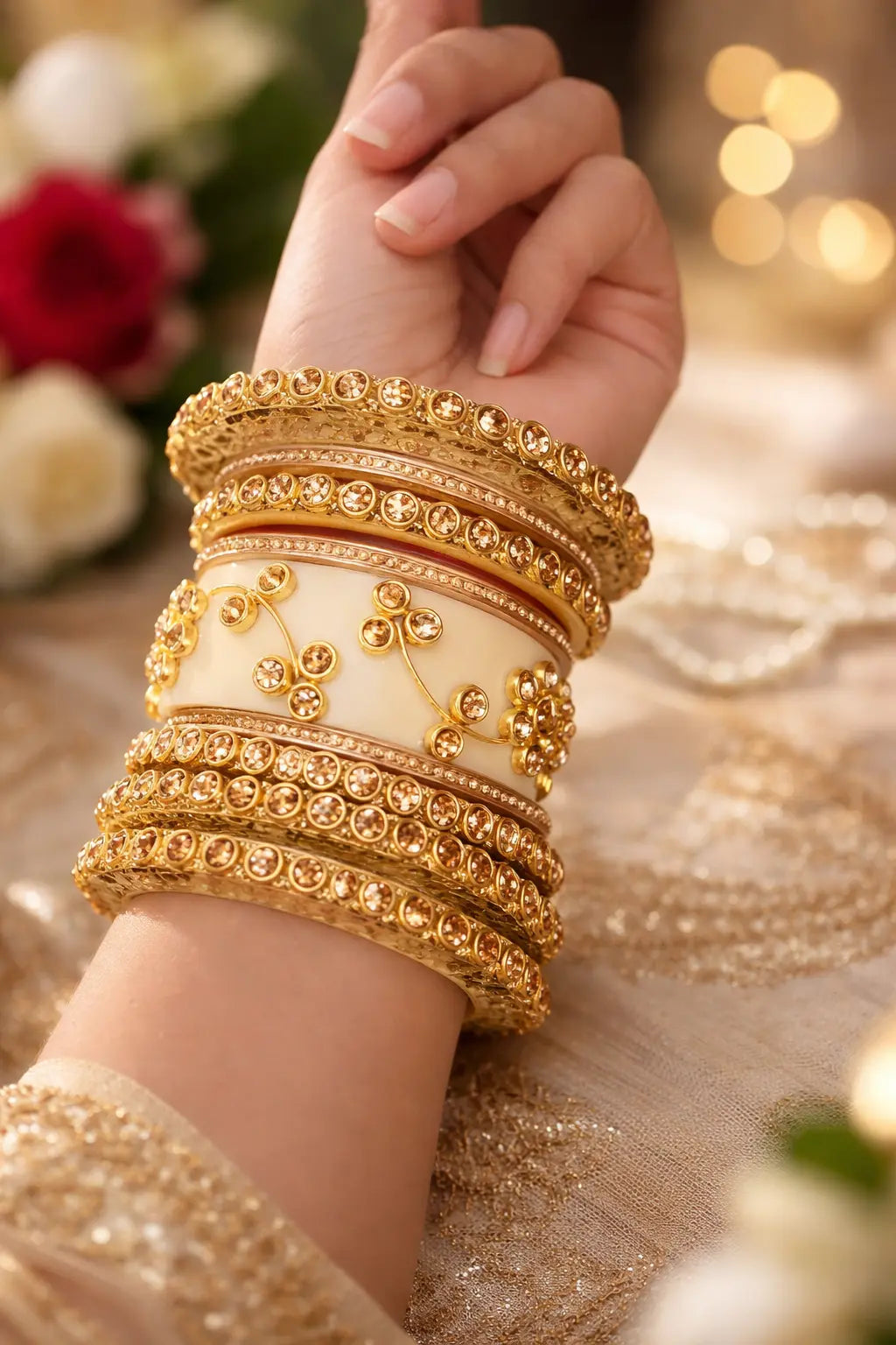Ivory Rajwadi bridal chura set with gold detailing and embedded stones