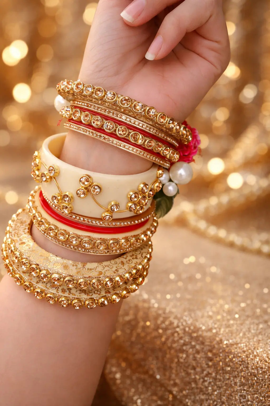 Ornate gold bangles on wrist