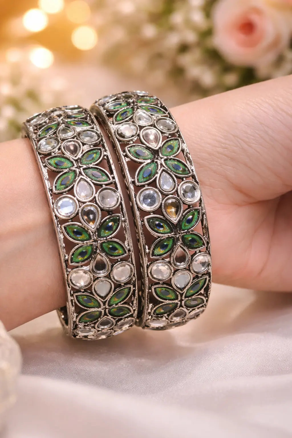 Peacock design oxidised multi-stone kara set for women