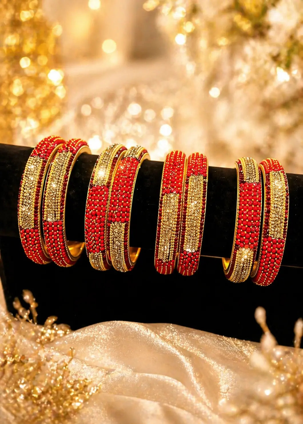 Red and gold bridal kara bangles with intricate stone detailing