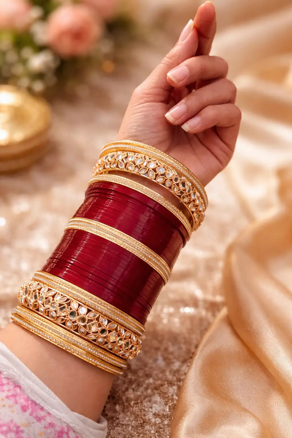 Red bridal chura set with gold Kundan kangan