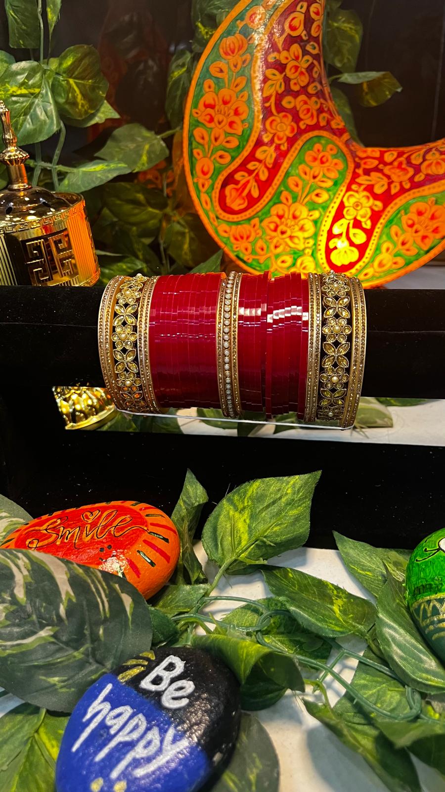 Punjabi Bridal Chura Set – Red Floral Kundan Wedding Bangles