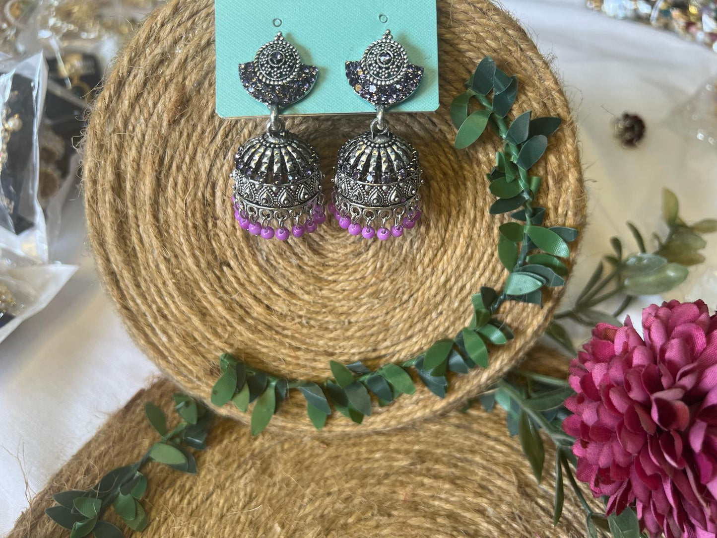 Oxidized Silver Purple Beads Jhumka Earrings for Women