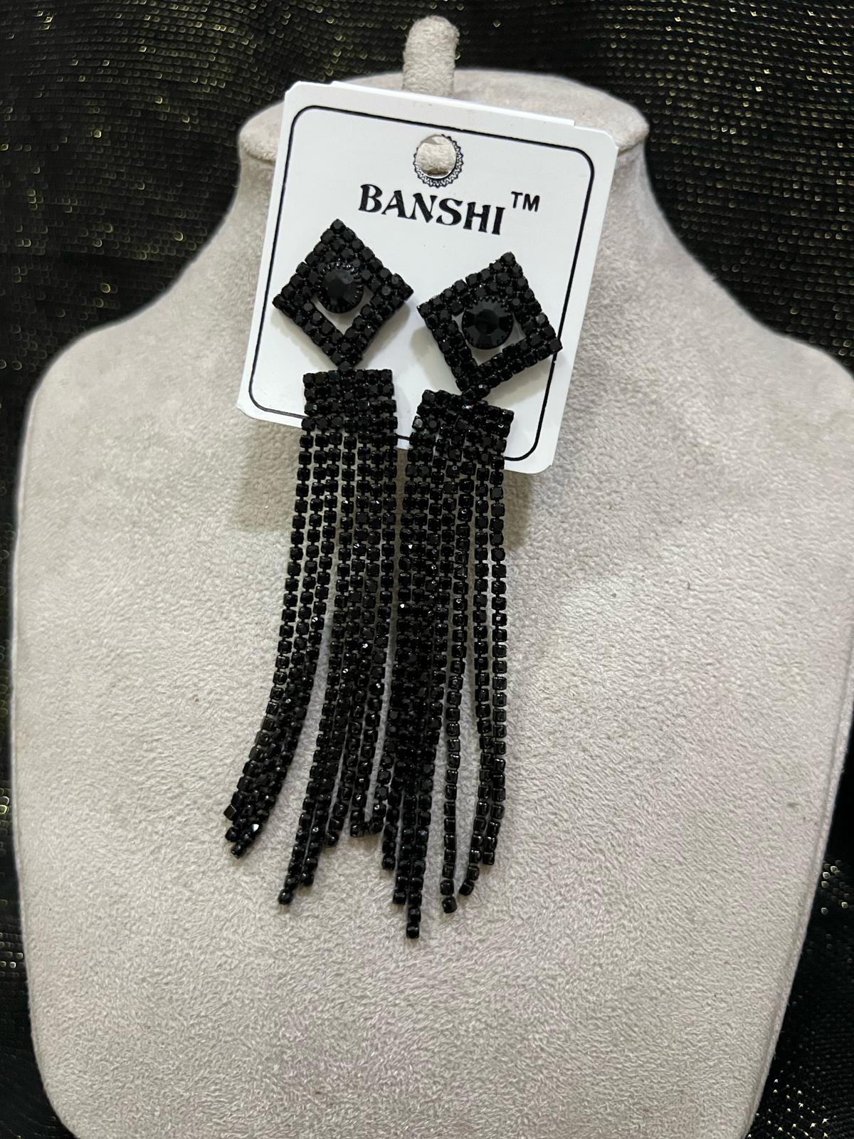 Black Crystal Tassel Earrings for Women – Long Statement Earrings