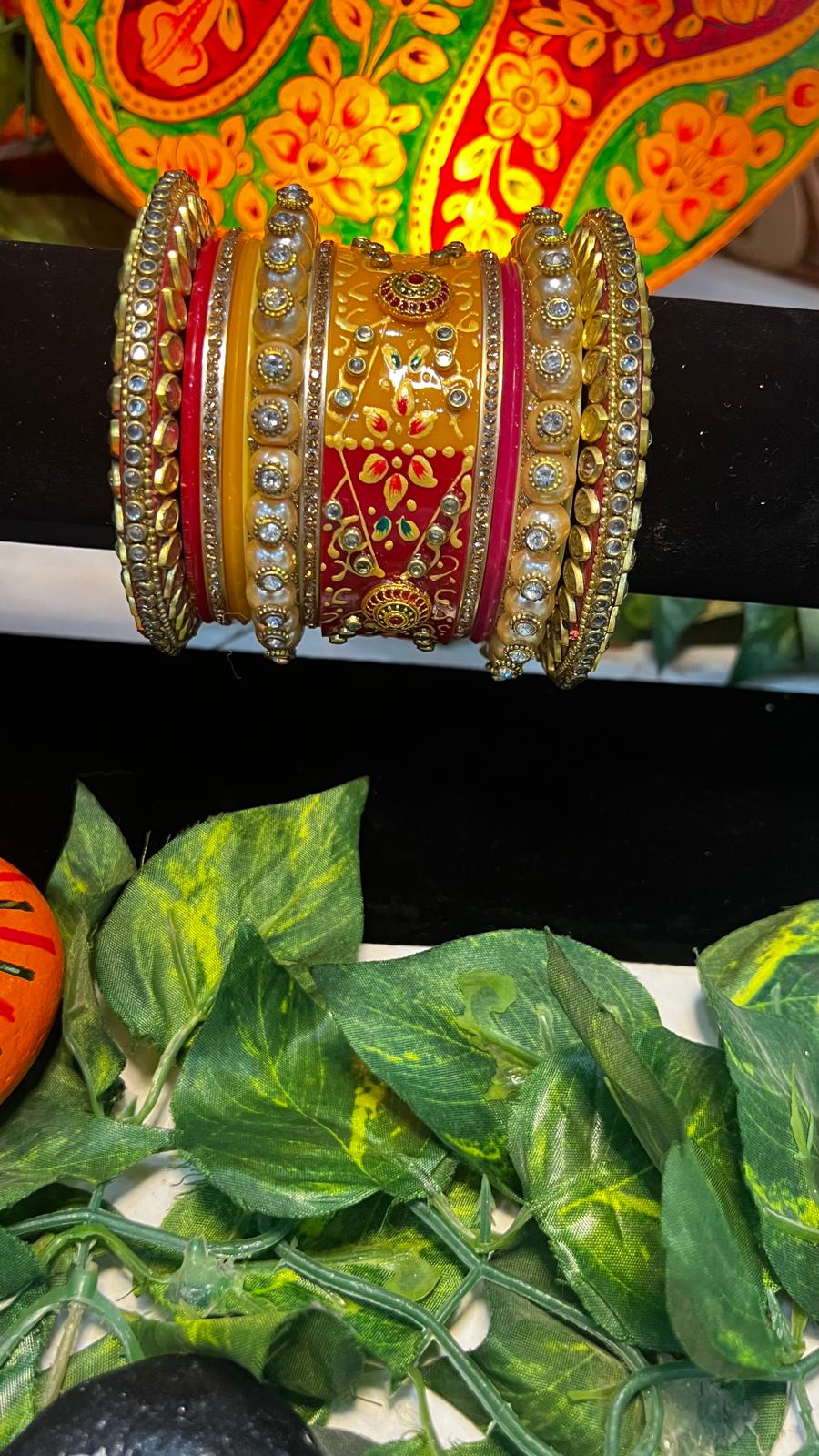 Rajwadi Designer Bridal Churah Set – Red & Gold Wedding Chura with Pearl Kundan Work