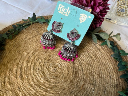 Oxidized Silver Pink Beads Jhumka Earrings for Women