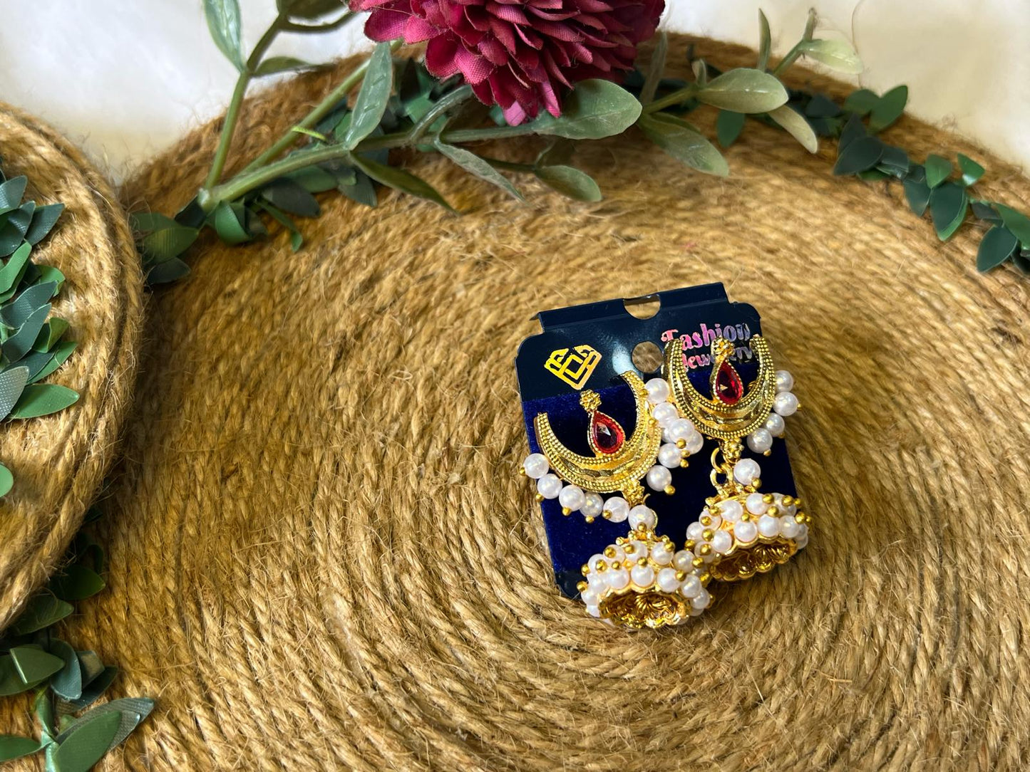 Buy Traditional Chandbali Pearl Jhumka Earrings Red Stone for Women Pakistan