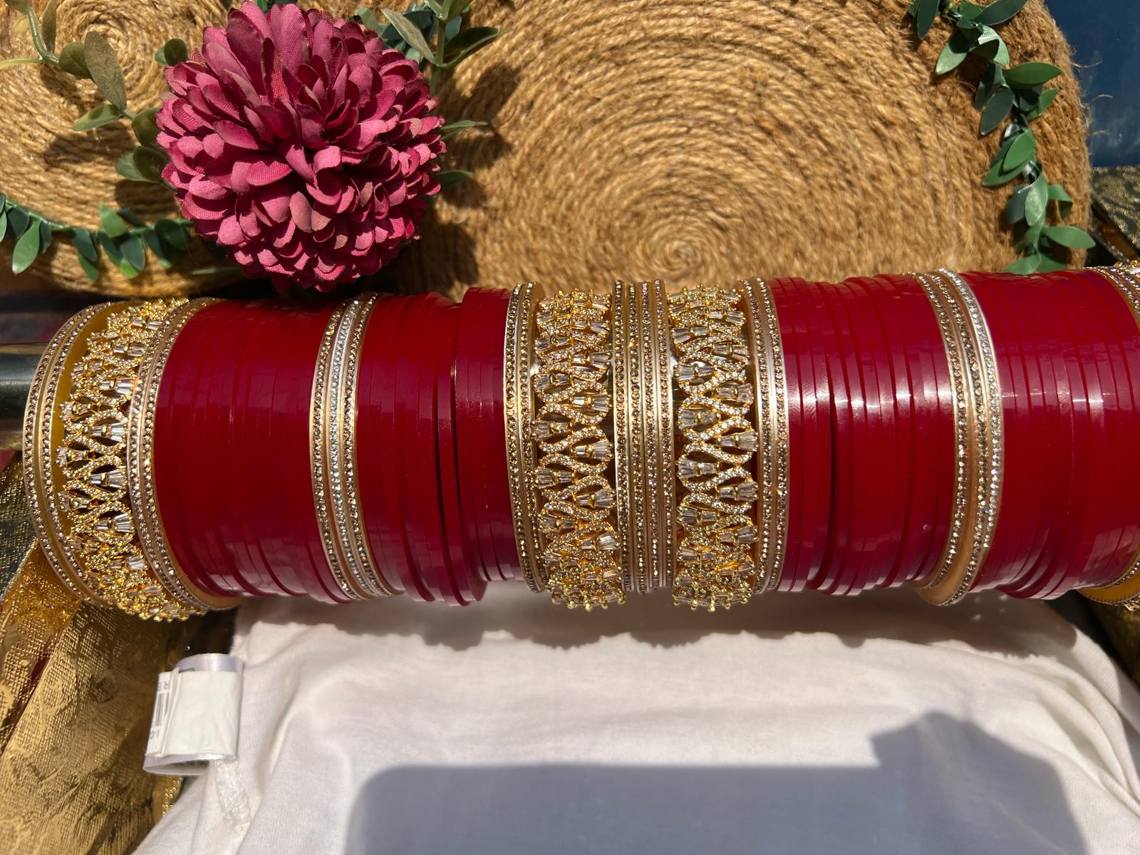 Traditional Red Punjabi Bridal Chura Set with Gold Kundan Work