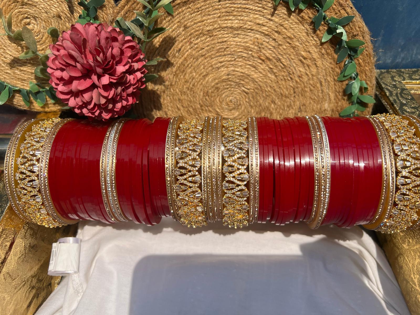 Traditional Red Punjabi Bridal Chura Set with Gold Kundan Work