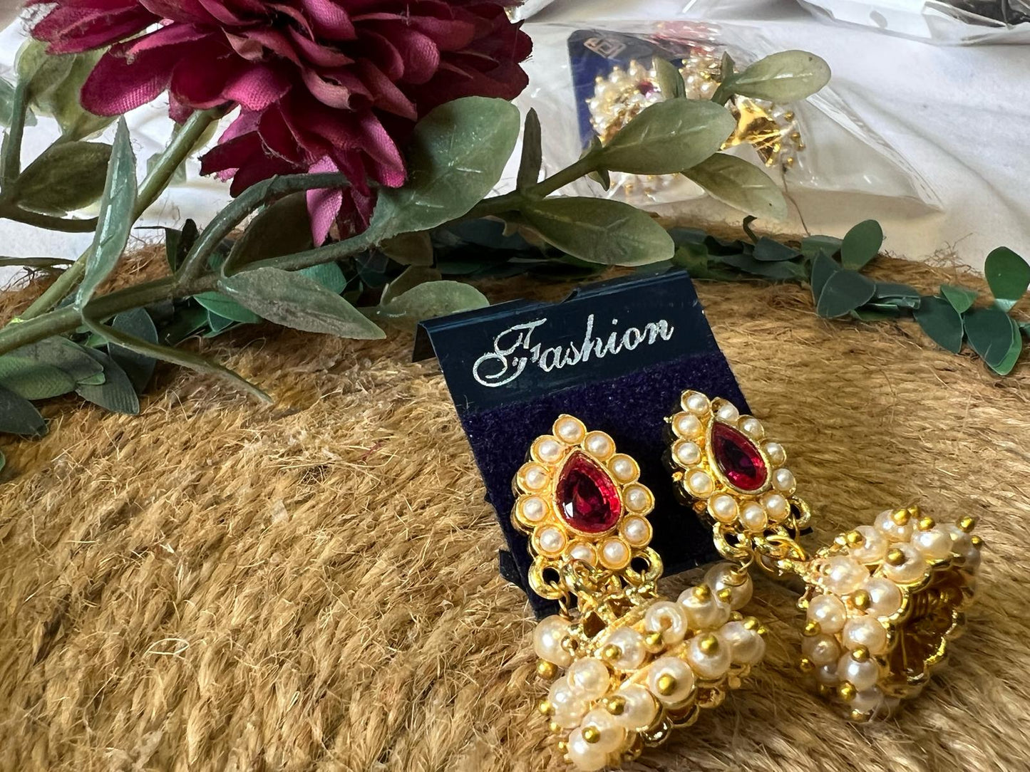 Buy Red Stone Pearl Jhumka Earrings Traditional for Women Pakistan
