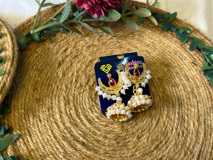 Buy Traditional Chandbali Pearl Jhumka Earrings Red Stone for Women Pakistan