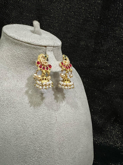 Gold Plated Pearl Jhumka Earrings with Red Stones for Women