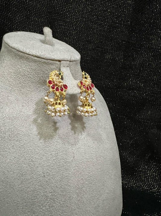 Gold Plated Pearl Jhumka Earrings with Red Stones for Women