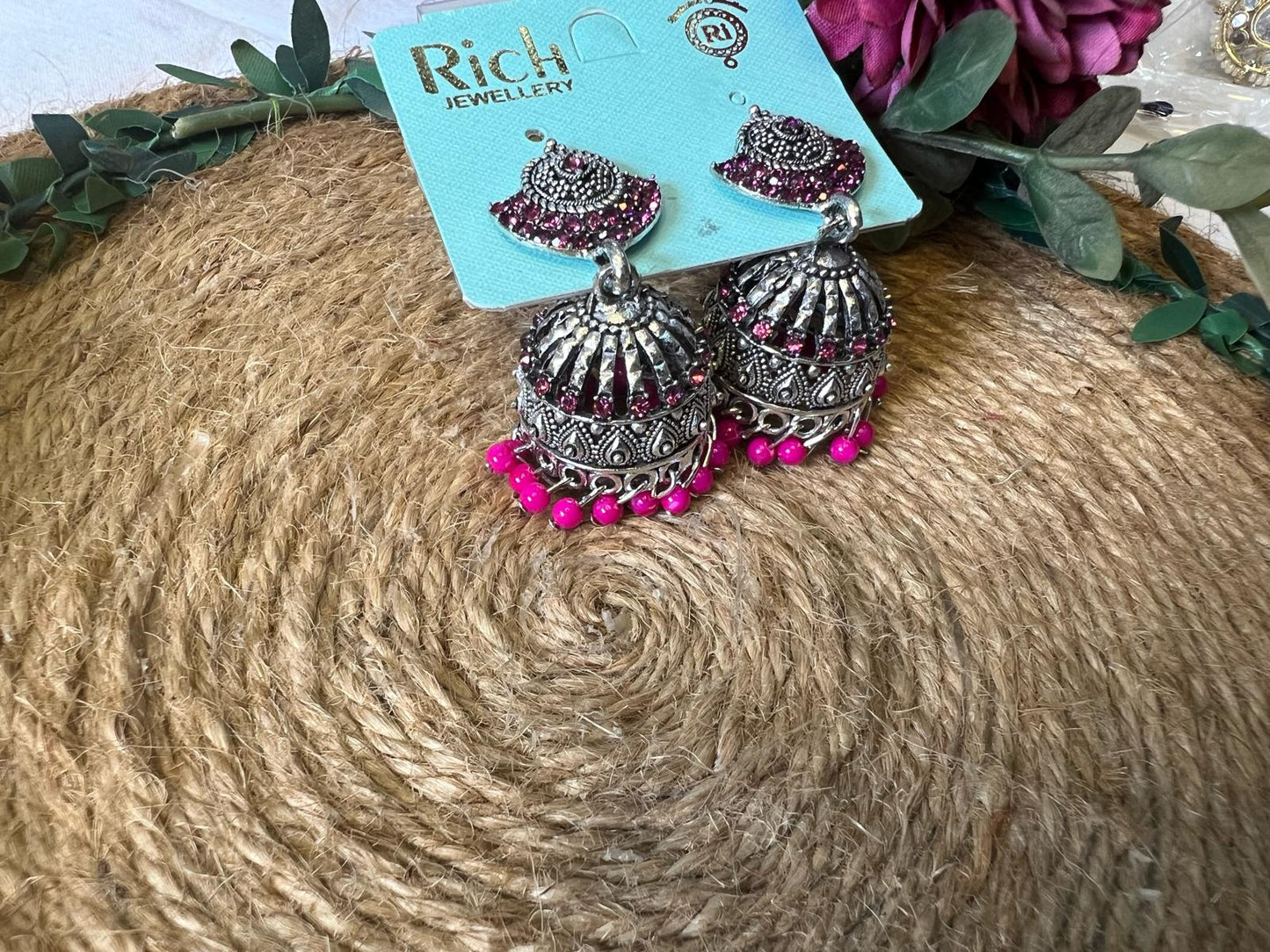 Oxidized Silver Pink Beads Jhumka Earrings for Women