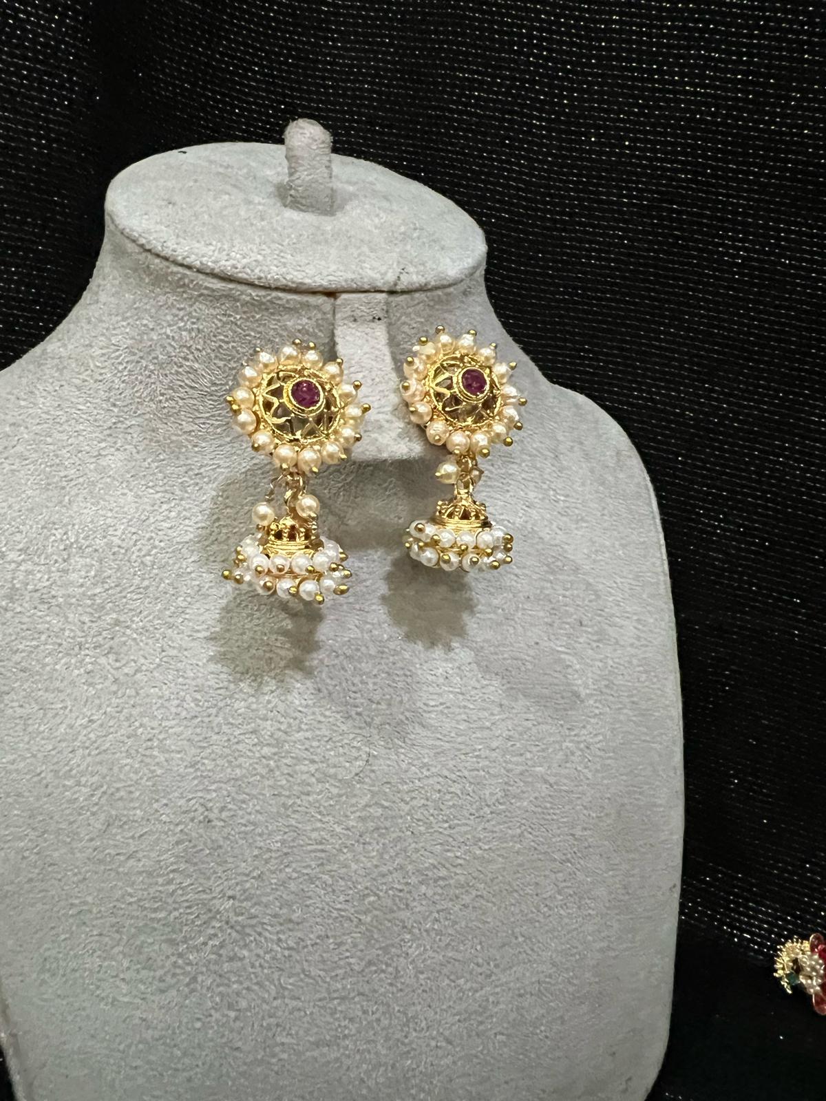 Gold Plated Pearl Jhumka Earrings with Ruby Stone for Women