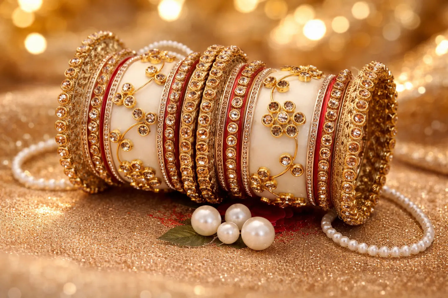 Bridal Kundan Rajwadi choora set with gold detailing, red accents, and stone embellishments