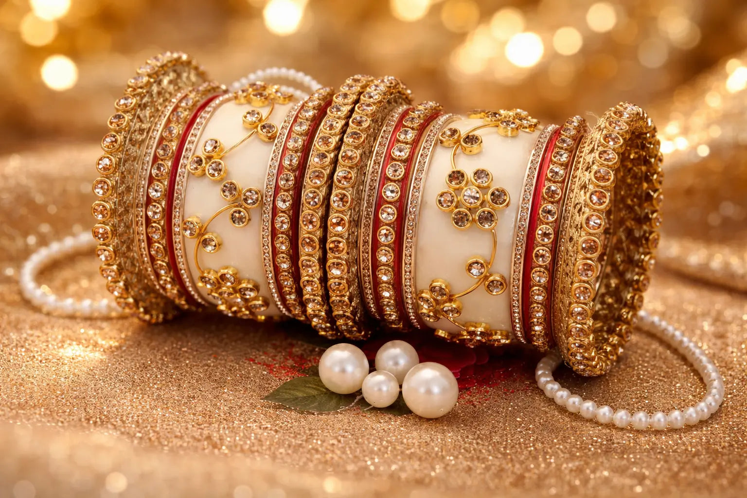 Bridal Kundan Rajwadi choora set with gold detailing, red accents, and stone embellishments