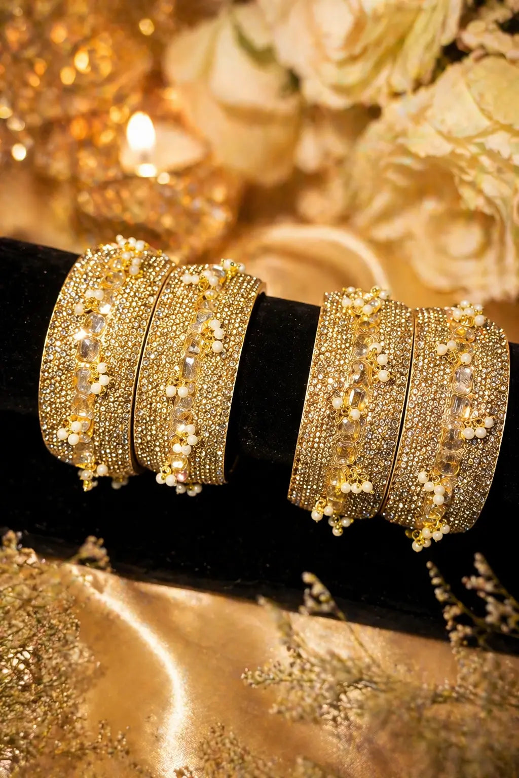 Bridal gold pearl kara bangles with crystal detailing