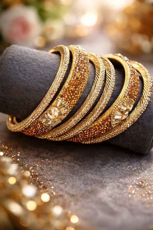Golden brown crystal Kundan kara set for women with gold-tone finish and intricate stone detailing