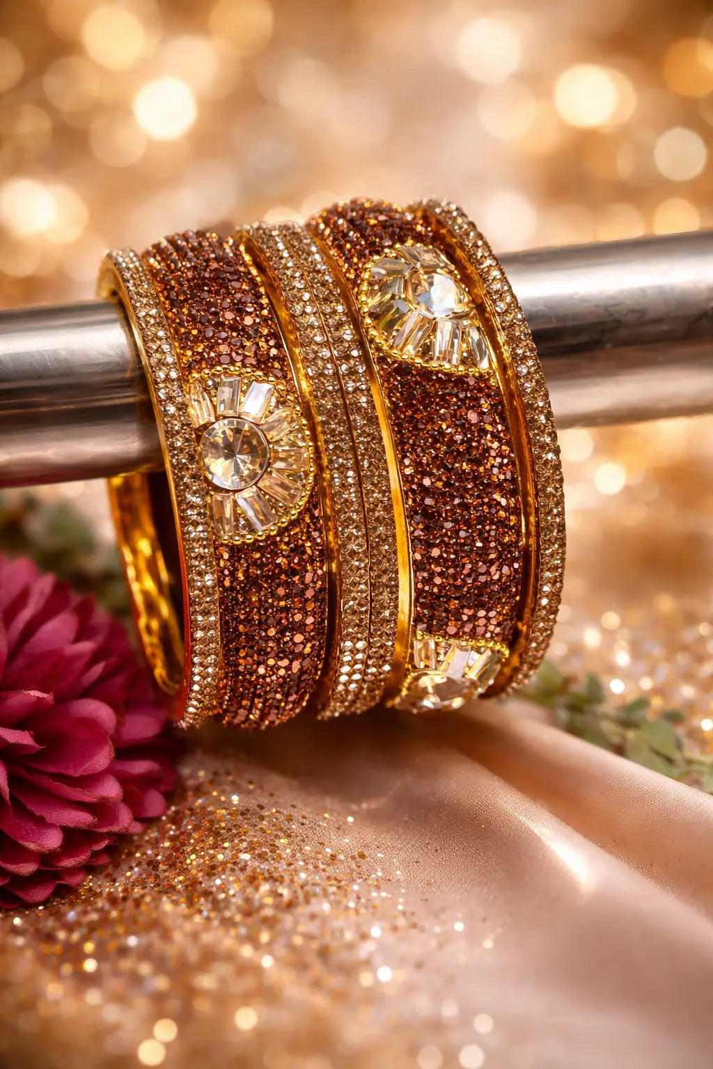 Golden brown crystal kara set with sparkling stones and gold-toned finish
