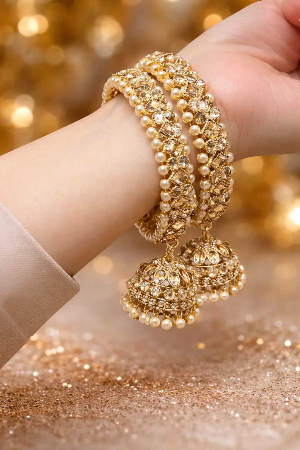 Gold pearl kundan kara with intricate floral design and dangling jhumka charms