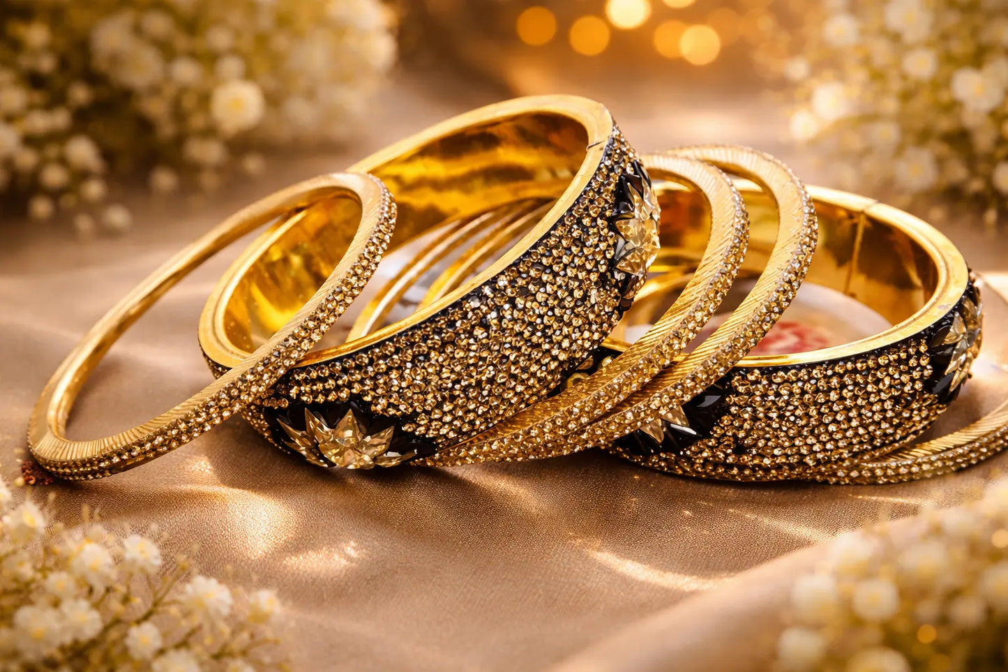 Green and mustard Kundan kara set with gold finish and crystal detailing