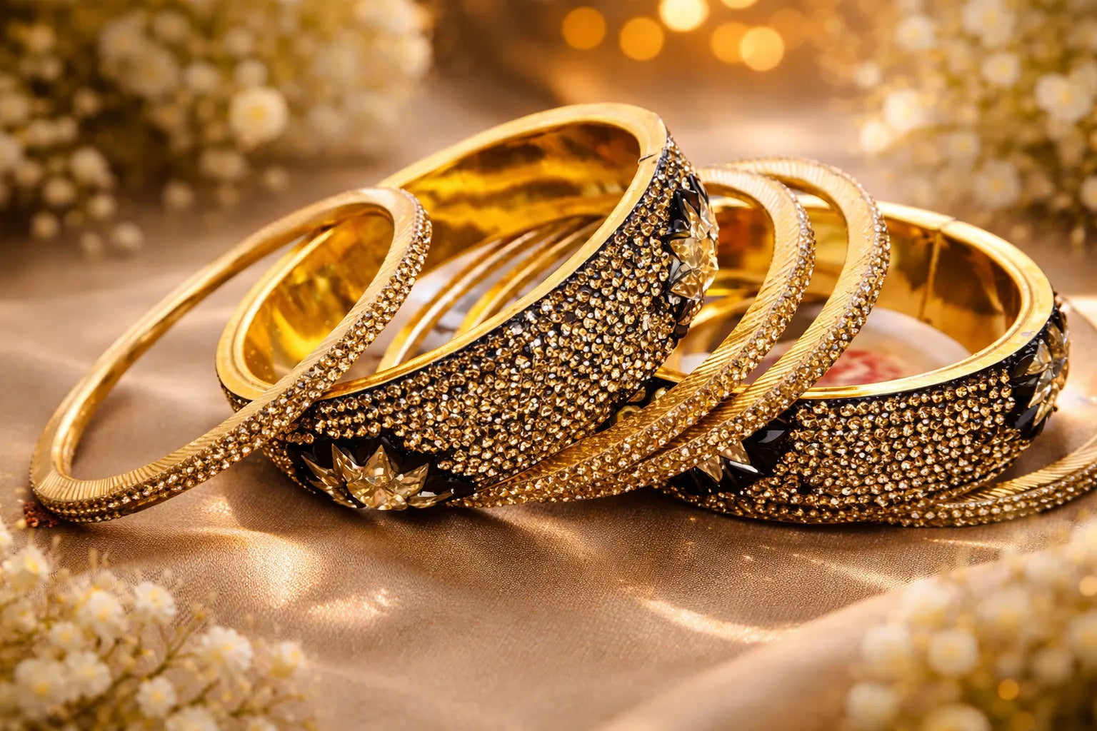 Green and mustard Kundan kara set with gold finish and crystal detailing