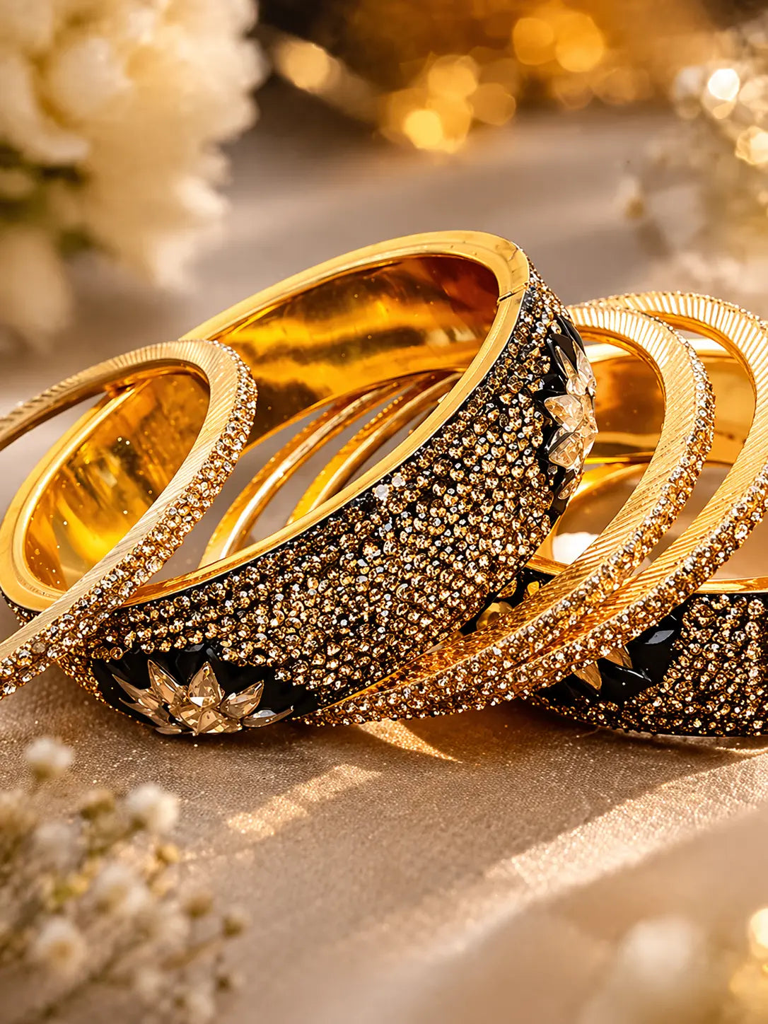 Green and mustard Kundan kara set with gold finish and stone detailing