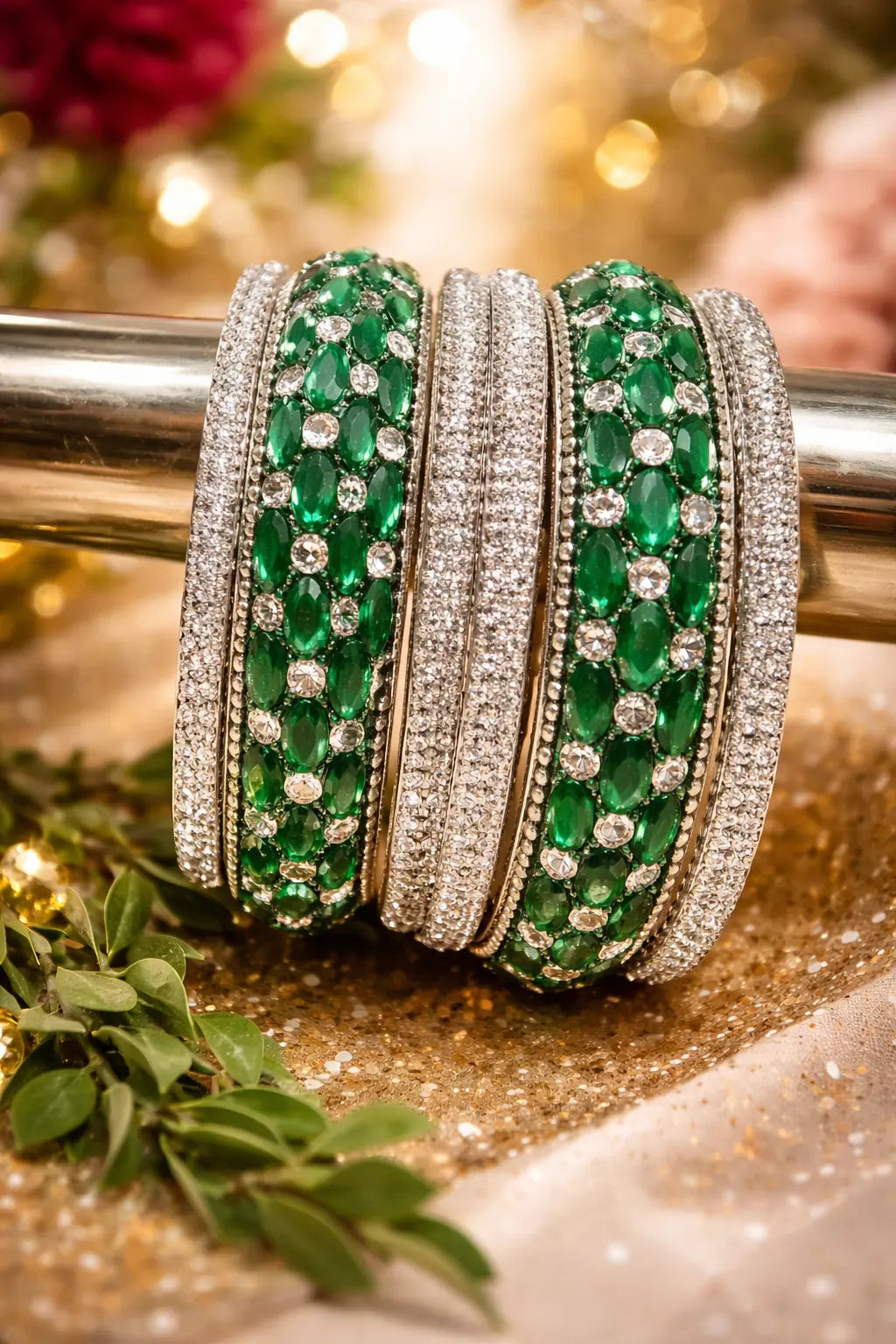 Green crystal Kundan kara set with silver-tone finish and detailed stone work