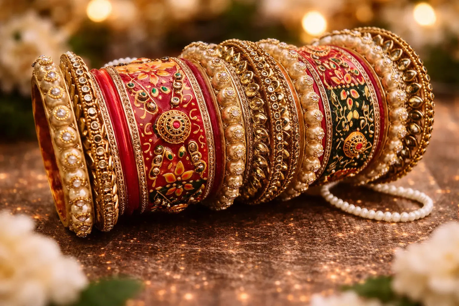 Luxury Rajwadi bridal chura set with meenakari kundan work and pearl bangles