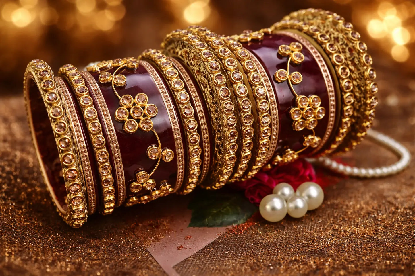 Maroon Rajwadi bridal chura set with stone kundan kangan and gold bangles