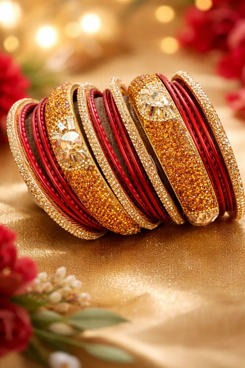 Maroon and golden Kundan kara set with sparkling stones and intricate detailing for women