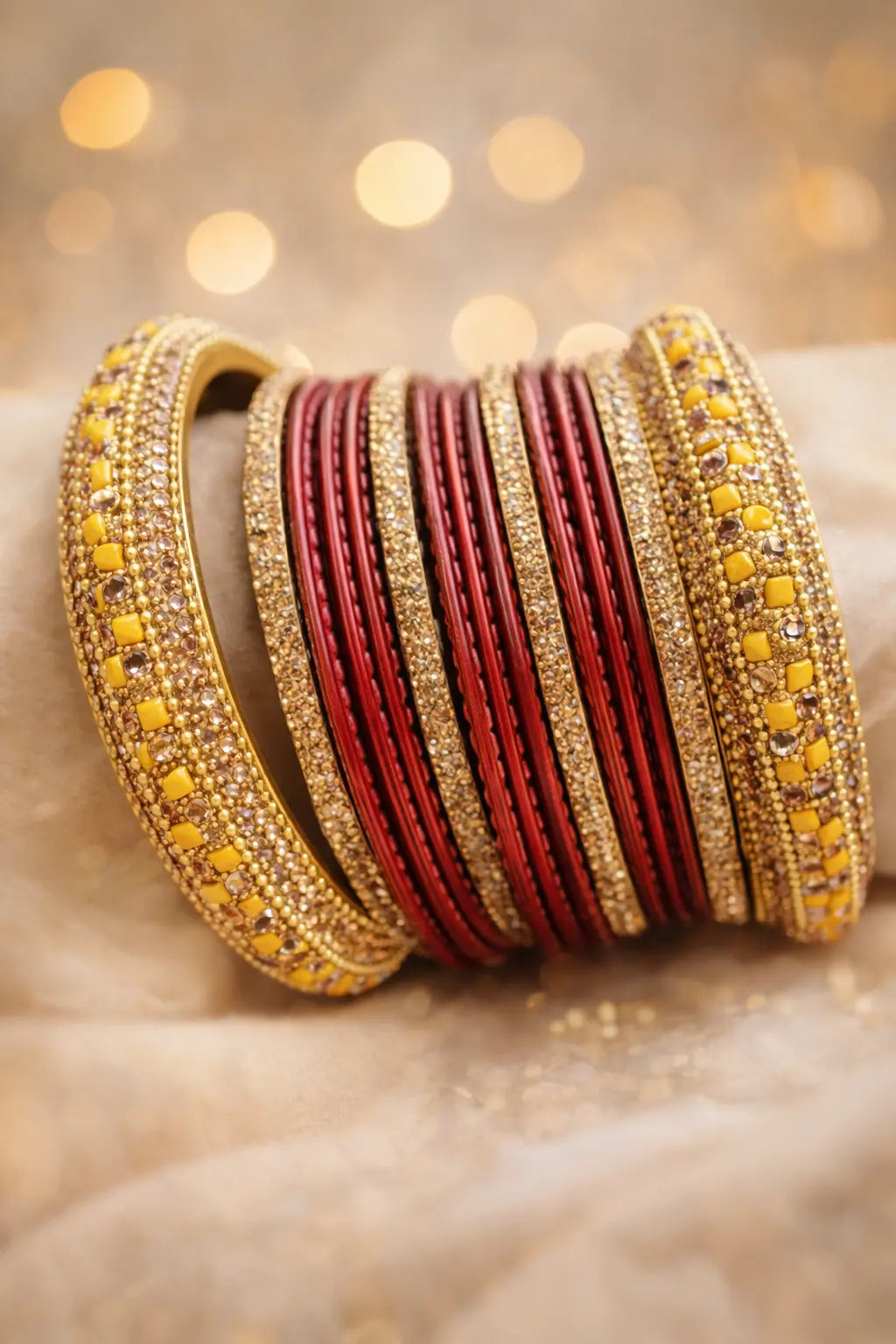 Maroon and yellow kundan kara set with intricate gold detailing and stacked bangles for women
