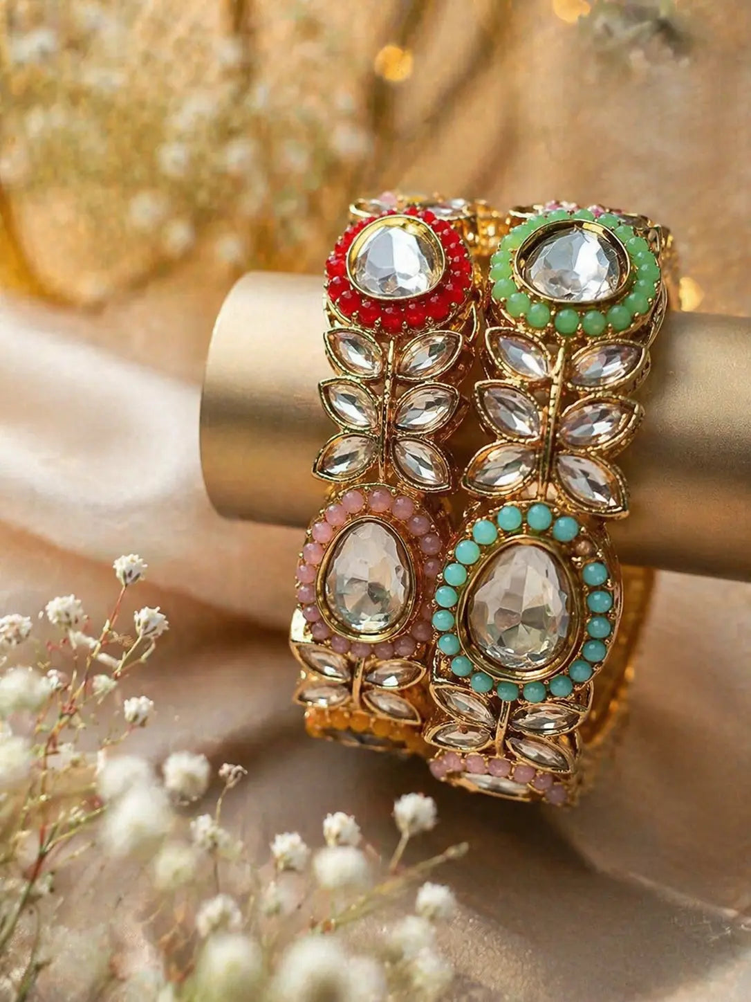 Multi-colour Kundan kara set with gold-tone finish, crystal stones, and colorful bead accents