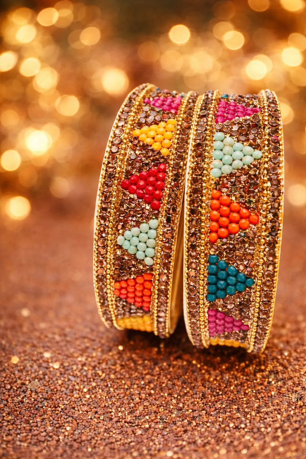 Multi-colour beaded Kundan kara set with gold-tone finish