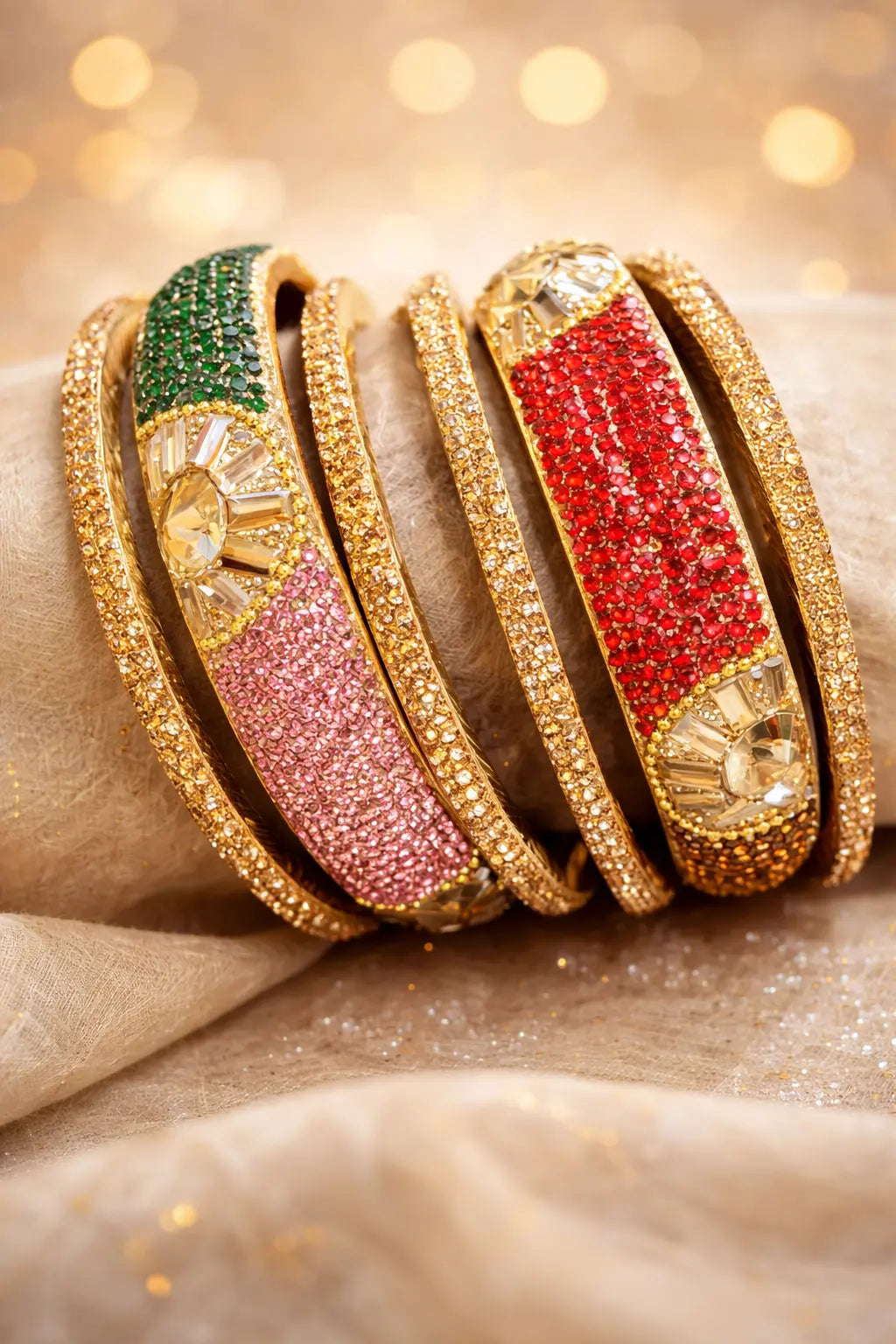 Multi-colour kundan kara set with gold finish and red, green, and pink stone detailing for women