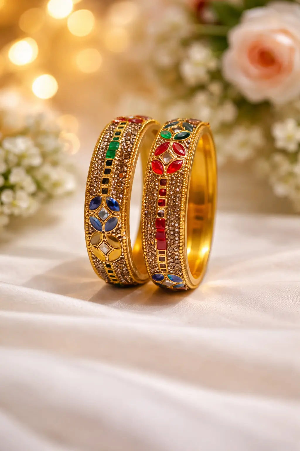 Multi-colour stone-studded gold kara set for women