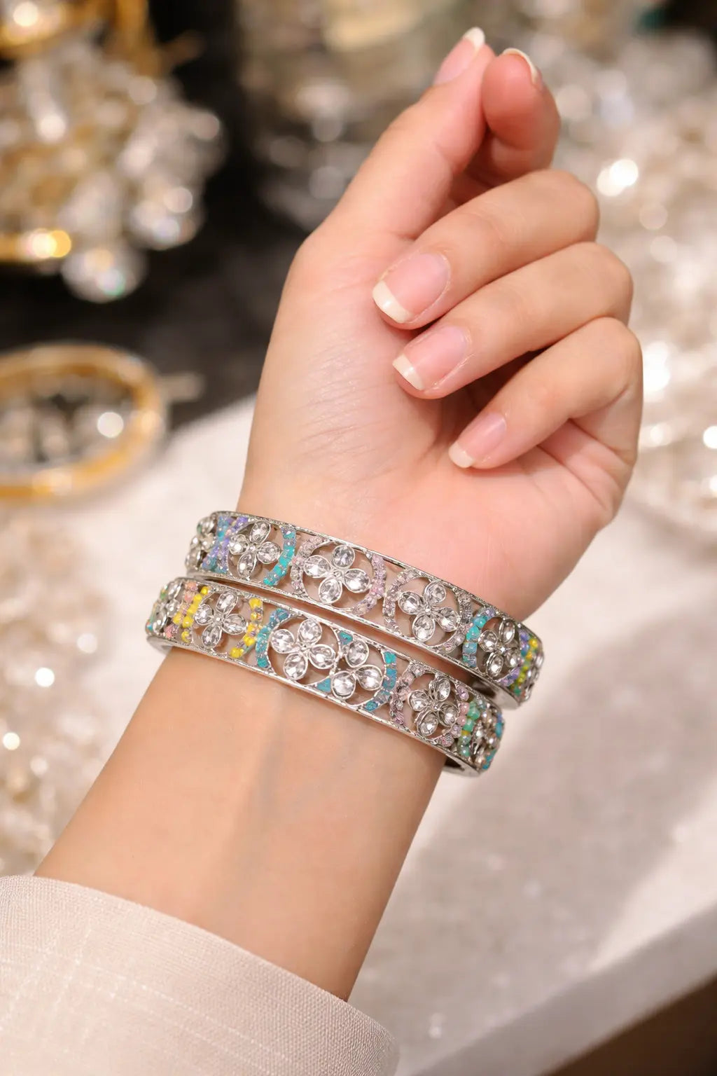Multi-colour stone designer kara with silver-tone finish and crystal floral detailing