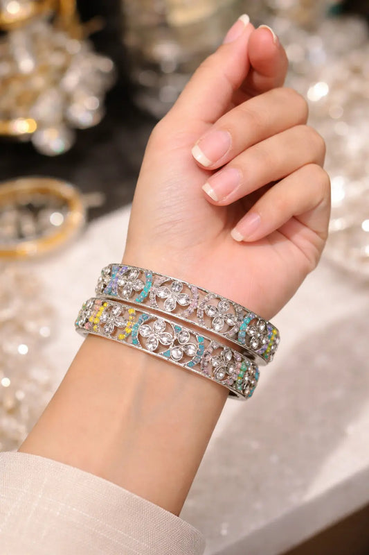 Multi-colour stone designer kara with silver-tone finish and crystal floral detailing