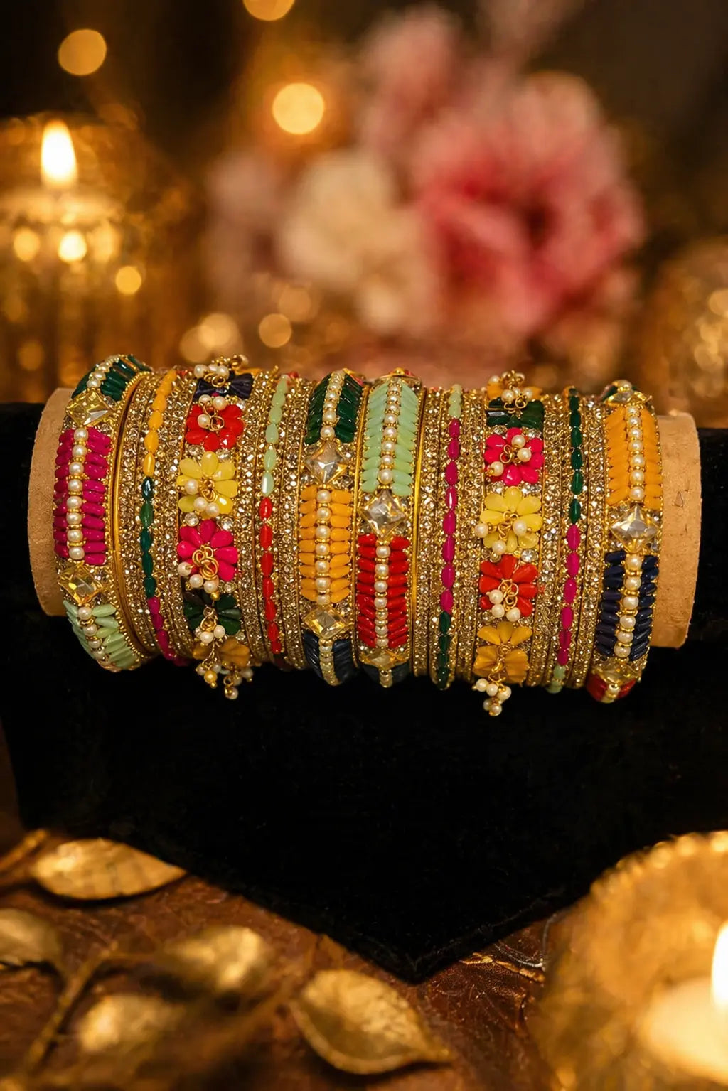 Multicolor bridal bangles set with floral designs and stone detailing