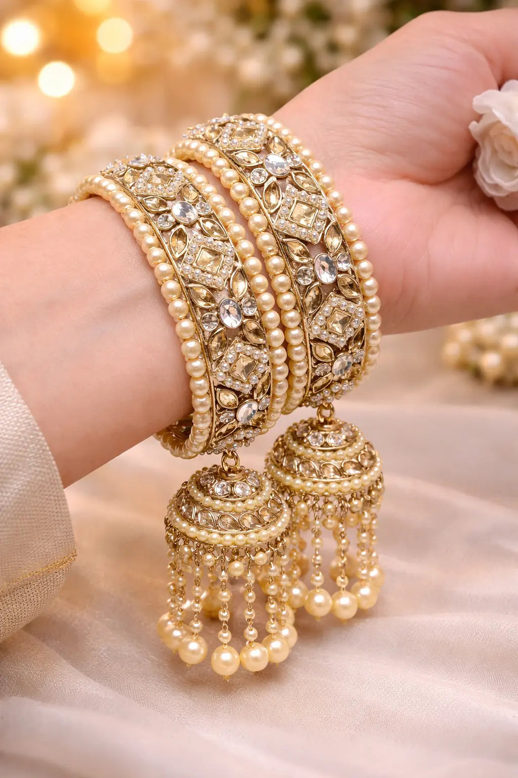 Pearl and kundan stone bridal jhumka kara set for women