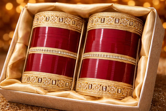 Premium Punjabi bridal chura set pair with stone kangan and red bangles
