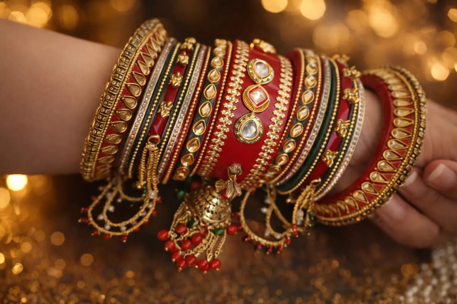 Premium Rajwadi bridal chura set with red and multicolor bangles, adorned with kundan stones and decorative latkan charms